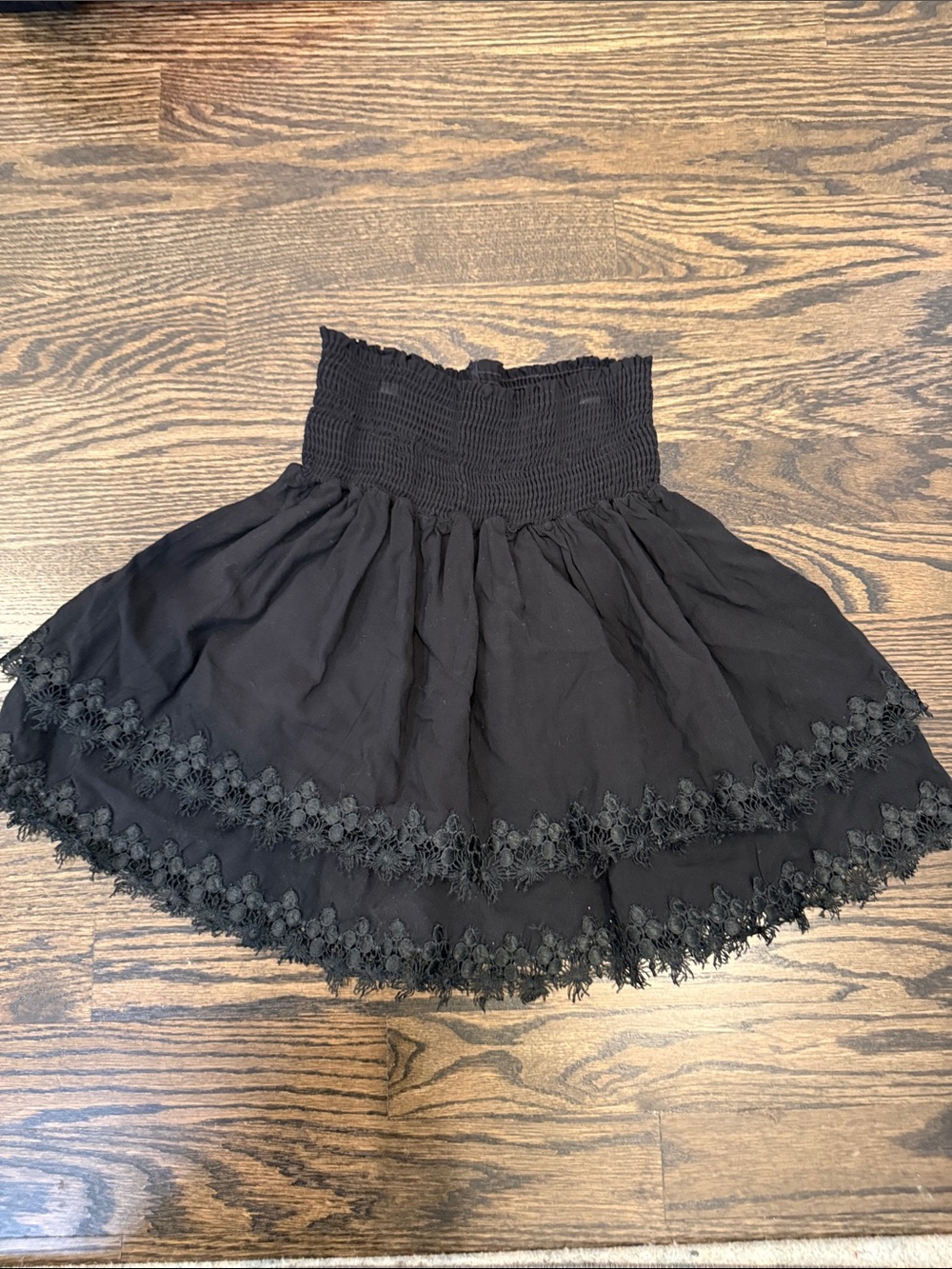 Peixoto Black Lace-Trim Smocked Mini Skirt
